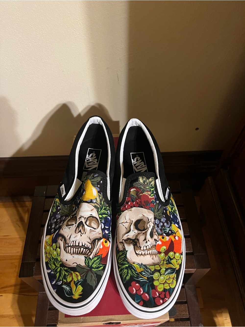 Unique Vans Black Canvas Slip-On with Colorful Skull & Fruit Print